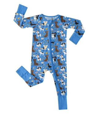 Bamboo Soft Zippered Baby Romper with Foldover Mittens Foot Cuffs Eco-Friendly Dogs Pattern Infant Sleepwear