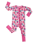 Bamboo Strawberry Baby Romper Sleepwear with Zipper Convertible Mittens and Foot Cuffs