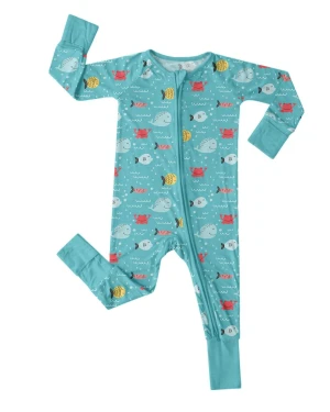 Soft Bamboo Baby Romper with Fish and Crab Design, Zippered Foot Cuffs and Fold Over Mittens