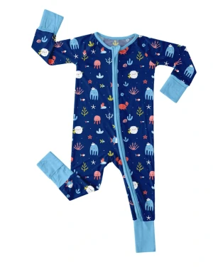 Bamboo Viscose Sea Animal Romper with Zipper Mittens Foot Cuffs for Easy Diaper Changes and Scratch-Free Comfort Sleep