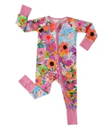 Bamboo Rainbow Blooms Soft Convertible Romper Breathable Double Zipper Fold Over Mittens Foot Cuffs