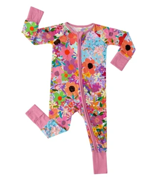 Bamboo Rainbow Blooms Soft Convertible Romper Breathable Double Zipper Fold Over Mittens Foot Cuffs