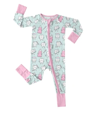 Bamboo Viscose Baby Romper Dental Pattern Double Zipper Fold-Over Mittens All Seasons Comfort