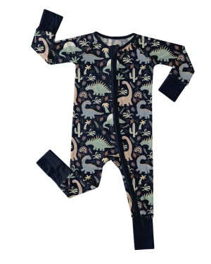 Bamboo Navy Jurassic Jungle Zip Romper Convertible Baby Outfit with Mittens