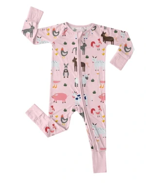 Pink Farm Animals Bamboo Baby Romper Soft Double Zipper Eco-friendly Sleepwear with Fold-Over Mittens