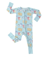 Blue Bamboo Baby Romper Breakfast Buddies Convertible Cuffs Fold Over Mittens Gentle Skin Double Zipper