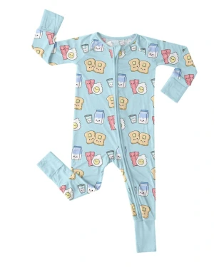 Blue Bamboo Baby Romper Breakfast Buddies Convertible Cuffs Fold Over Mittens Gentle Skin Double Zipper