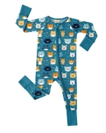 Bamboo Viscose Baby Romper with Fold Over Mittens and Foot Cuffs Zippered Convertible Design Whiskered Friends Pattern
