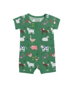 Bamboo Viscose Baby Romper Green Farm Animals Soft Eco-Friendly Breathable Double Zip Easy Diaper Changes