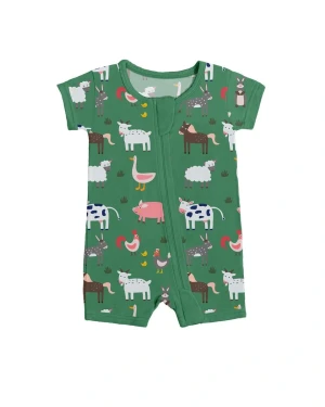 Bamboo Viscose Baby Romper Green Farm Animals Soft Eco-Friendly Breathable Double Zip Easy Diaper Changes