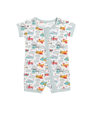 Bamboo Viscose Baby Romper Airplane Helicopter Pattern Double Zipper Convertible Mittens Soft Eco-Friendly