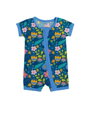 Bamboo Folk Floral Shorty Romper Easy Diaper Change Double Zipper Comfort Fit for Babies