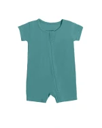 Bamboo Viscose Baby Romper Cadet Blue Zip Shorty Eczema Friendly Easy Diaper Change Comfort Fit