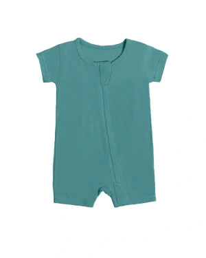Bamboo Viscose Baby Romper Cadet Blue Zip Shorty Eczema Friendly Easy Diaper Change Comfort Fit