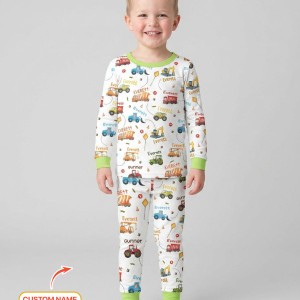 Custom Name Construction Vehicles Bamboo Two-Piece Long Sleeve Pajama Set
