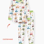 Custom Name Construction Vehicles Bamboo Two-Piece Long Sleeve Pajama Set