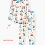 Custom Name Construction Vehicles Bamboo Two-Piece Long Sleeve Pajama Set