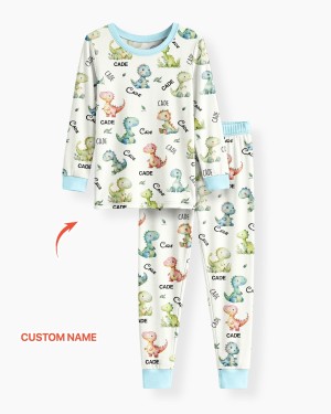 Custom Name Dinosaur Bamboo Two-Piece Long Sleeve Pajama Set