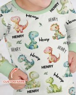 Custom Name Dinosaur Bamboo Two-Piece Long Sleeve Pajama Set