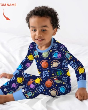 Custom Name Space God Says I Am Bamboo Two-Piece Long Sleeve Pajama Set