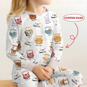 Custom Name God’s Little Zoo Bamboo Two-Piece Long Sleeve Pajama Set