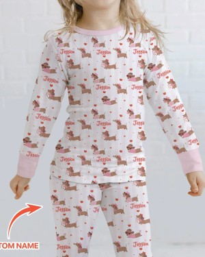 Custom Name Valentine Dachshund Family Matching Bamboo Two-Piece Long Pajama Set